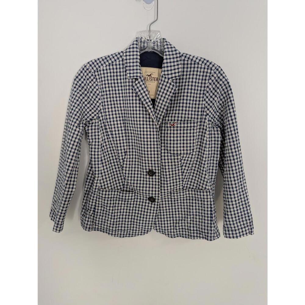 Hollister Women's Gingham Blazer Size Medium Navy Blue Cotton Vintage